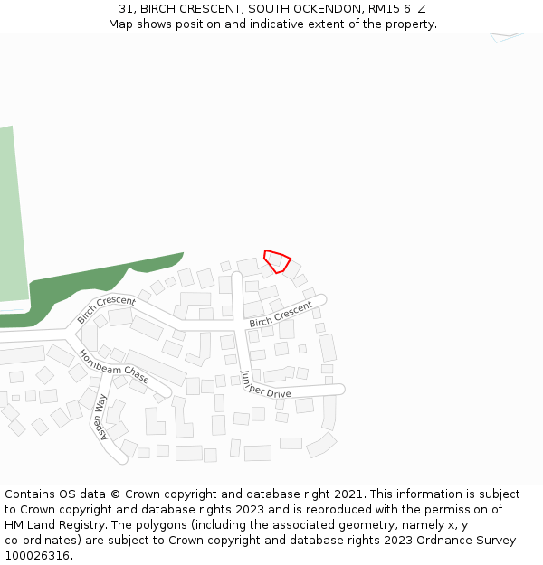 31, BIRCH CRESCENT, SOUTH OCKENDON, RM15 6TZ: Location map and indicative extent of plot