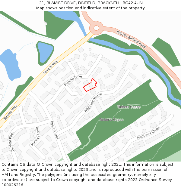 31, BLAMIRE DRIVE, BINFIELD, BRACKNELL, RG42 4UN: Location map and indicative extent of plot