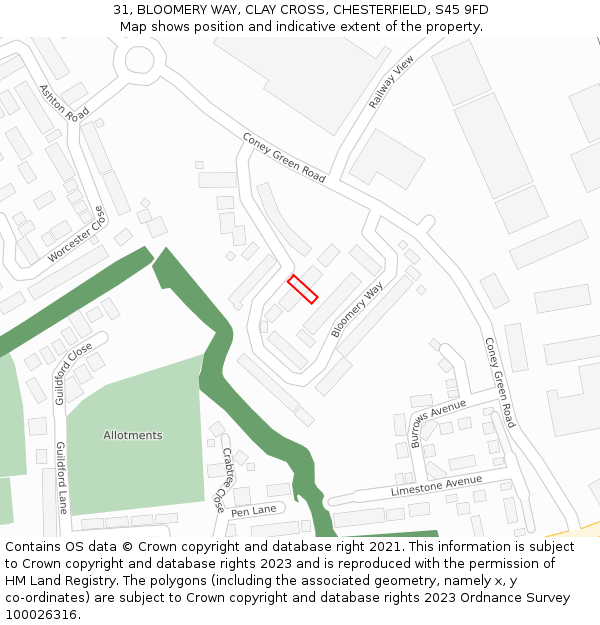 31, BLOOMERY WAY, CLAY CROSS, CHESTERFIELD, S45 9FD: Location map and indicative extent of plot