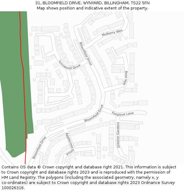 31, BLOOMFIELD DRIVE, WYNYARD, BILLINGHAM, TS22 5FN: Location map and indicative extent of plot