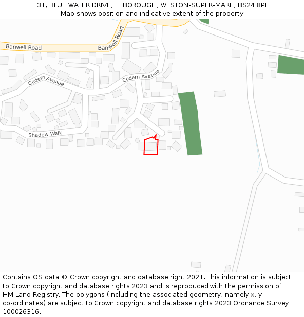 31, BLUE WATER DRIVE, ELBOROUGH, WESTON-SUPER-MARE, BS24 8PF: Location map and indicative extent of plot