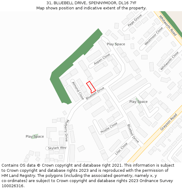 31, BLUEBELL DRIVE, SPENNYMOOR, DL16 7YF: Location map and indicative extent of plot