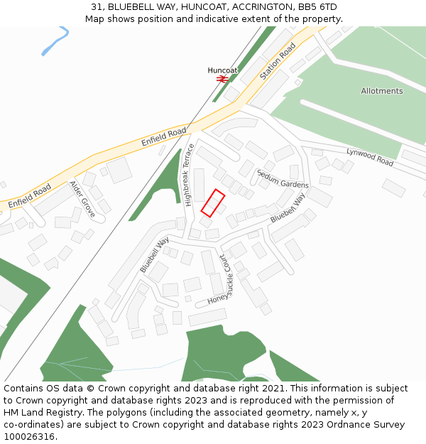 31, BLUEBELL WAY, HUNCOAT, ACCRINGTON, BB5 6TD: Location map and indicative extent of plot