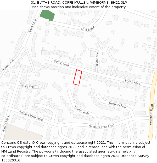 31, BLYTHE ROAD, CORFE MULLEN, WIMBORNE, BH21 3LP: Location map and indicative extent of plot