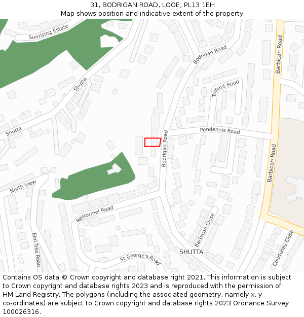 31, BODRIGAN ROAD, LOOE, PL13 1EH: Location map and indicative extent of plot