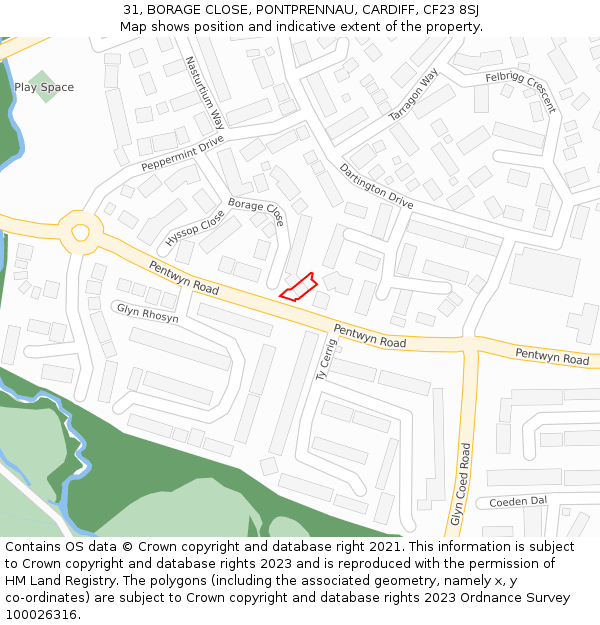 31, BORAGE CLOSE, PONTPRENNAU, CARDIFF, CF23 8SJ: Location map and indicative extent of plot