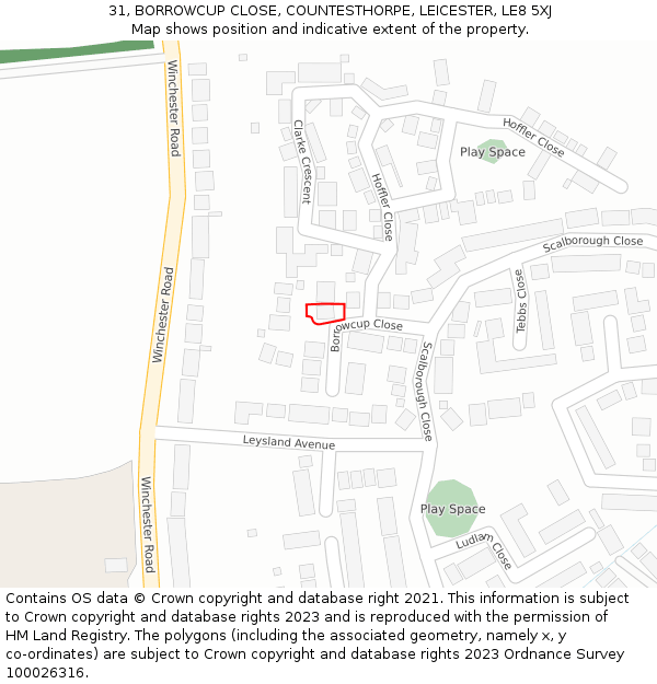 31, BORROWCUP CLOSE, COUNTESTHORPE, LEICESTER, LE8 5XJ: Location map and indicative extent of plot