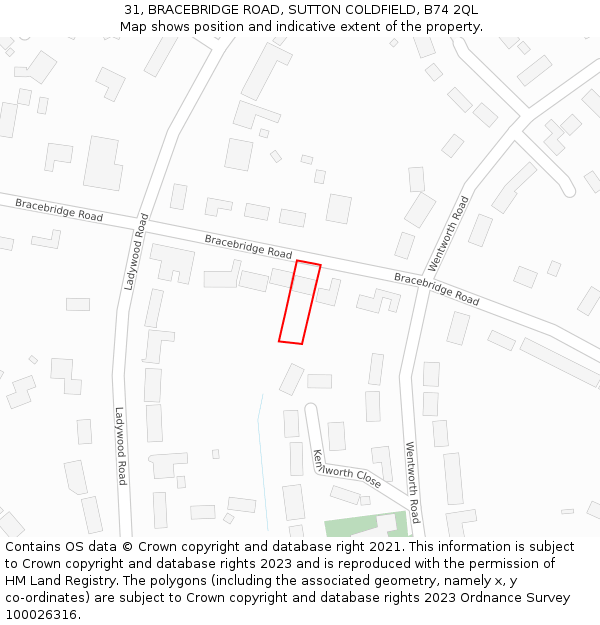 31, BRACEBRIDGE ROAD, SUTTON COLDFIELD, B74 2QL: Location map and indicative extent of plot
