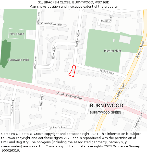 31, BRACKEN CLOSE, BURNTWOOD, WS7 9BD: Location map and indicative extent of plot