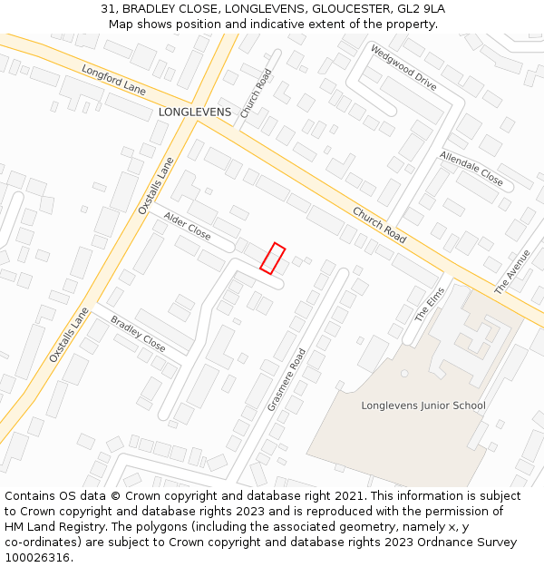 31, BRADLEY CLOSE, LONGLEVENS, GLOUCESTER, GL2 9LA: Location map and indicative extent of plot