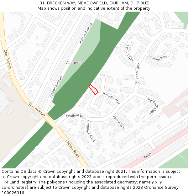 31, BRECKEN WAY, MEADOWFIELD, DURHAM, DH7 8UZ: Location map and indicative extent of plot