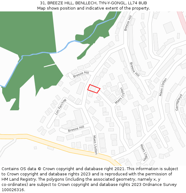 31, BREEZE HILL, BENLLECH, TYN-Y-GONGL, LL74 8UB: Location map and indicative extent of plot