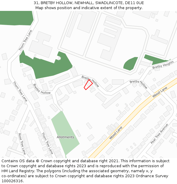 31, BRETBY HOLLOW, NEWHALL, SWADLINCOTE, DE11 0UE: Location map and indicative extent of plot