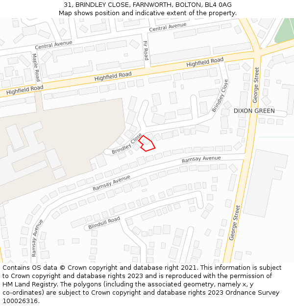 31, BRINDLEY CLOSE, FARNWORTH, BOLTON, BL4 0AG: Location map and indicative extent of plot