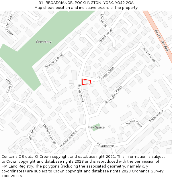 31, BROADMANOR, POCKLINGTON, YORK, YO42 2GA: Location map and indicative extent of plot