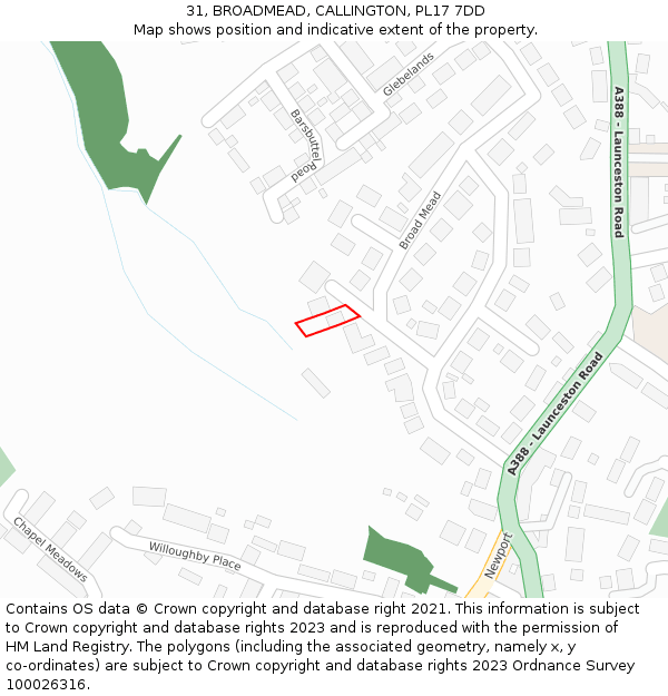 31, BROADMEAD, CALLINGTON, PL17 7DD: Location map and indicative extent of plot