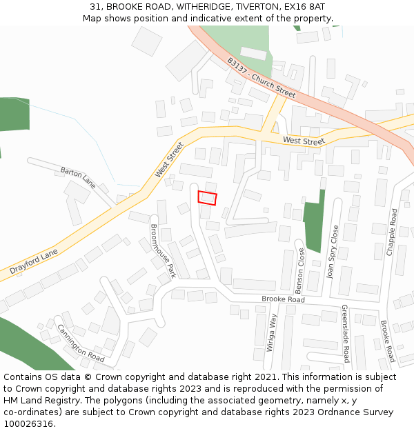 31, BROOKE ROAD, WITHERIDGE, TIVERTON, EX16 8AT: Location map and indicative extent of plot
