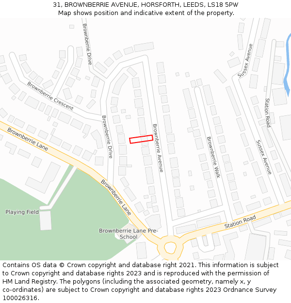 31, BROWNBERRIE AVENUE, HORSFORTH, LEEDS, LS18 5PW: Location map and indicative extent of plot