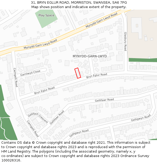 31, BRYN EGLUR ROAD, MORRISTON, SWANSEA, SA6 7PG: Location map and indicative extent of plot