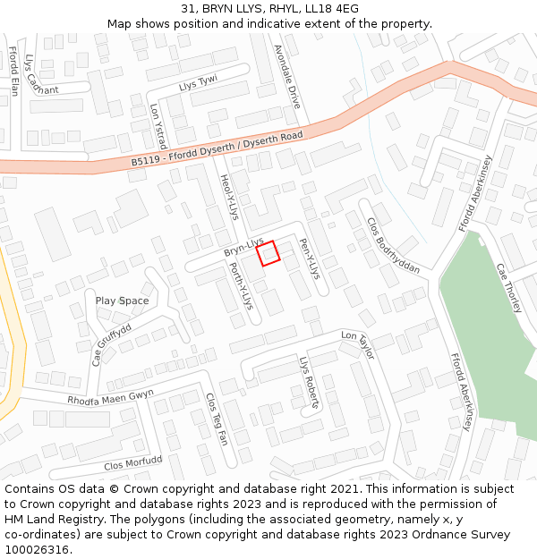 31, BRYN LLYS, RHYL, LL18 4EG: Location map and indicative extent of plot