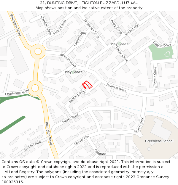 31, BUNTING DRIVE, LEIGHTON BUZZARD, LU7 4AU: Location map and indicative extent of plot