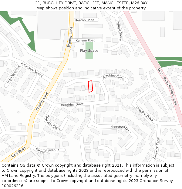 31, BURGHLEY DRIVE, RADCLIFFE, MANCHESTER, M26 3XY: Location map and indicative extent of plot