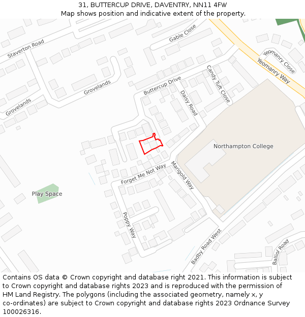 31, BUTTERCUP DRIVE, DAVENTRY, NN11 4FW: Location map and indicative extent of plot