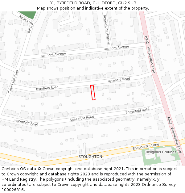31, BYREFIELD ROAD, GUILDFORD, GU2 9UB: Location map and indicative extent of plot