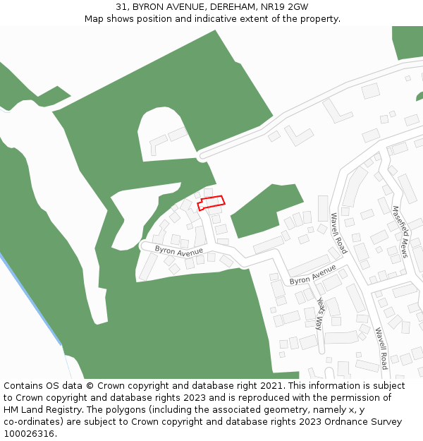 31, BYRON AVENUE, DEREHAM, NR19 2GW: Location map and indicative extent of plot