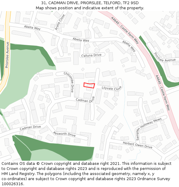 31, CADMAN DRIVE, PRIORSLEE, TELFORD, TF2 9SD: Location map and indicative extent of plot