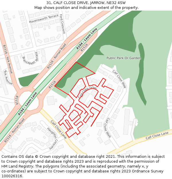 31, CALF CLOSE DRIVE, JARROW, NE32 4SW: Location map and indicative extent of plot