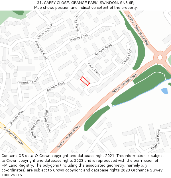 31, CAREY CLOSE, GRANGE PARK, SWINDON, SN5 6BJ: Location map and indicative extent of plot