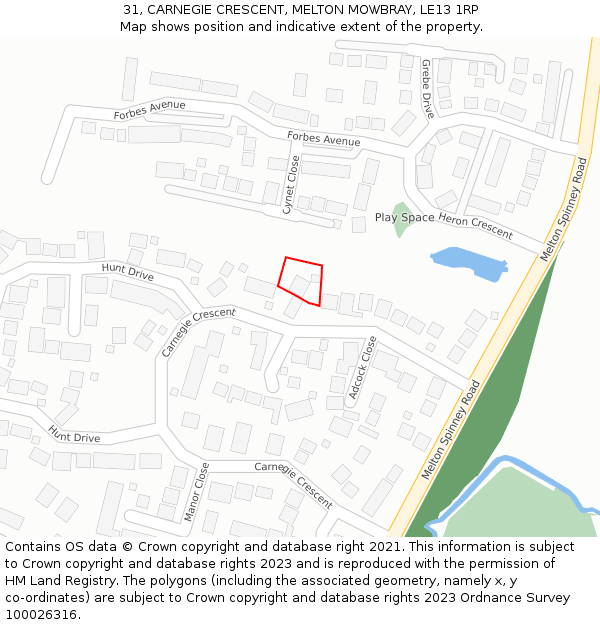 31, CARNEGIE CRESCENT, MELTON MOWBRAY, LE13 1RP: Location map and indicative extent of plot