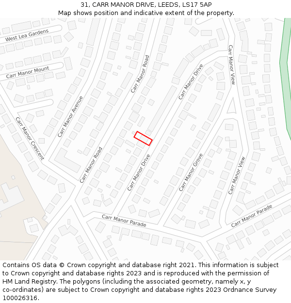31, CARR MANOR DRIVE, LEEDS, LS17 5AP: Location map and indicative extent of plot