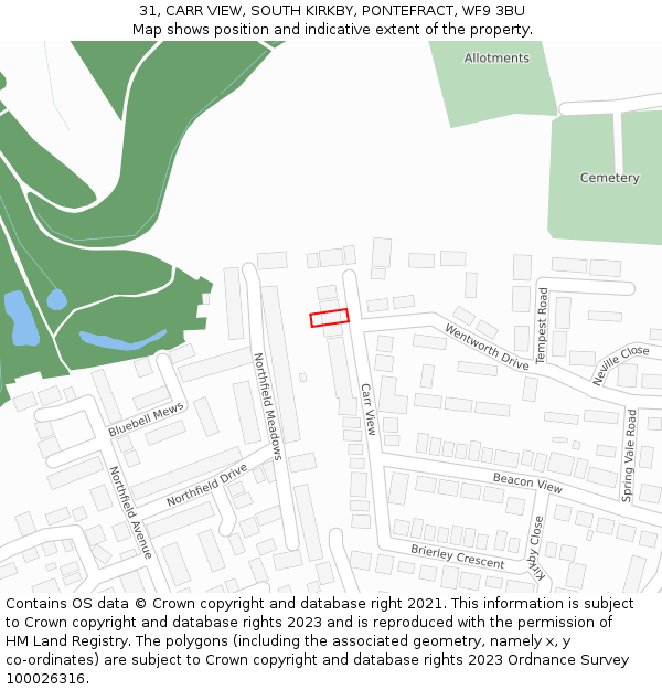 31, CARR VIEW, SOUTH KIRKBY, PONTEFRACT, WF9 3BU: Location map and indicative extent of plot