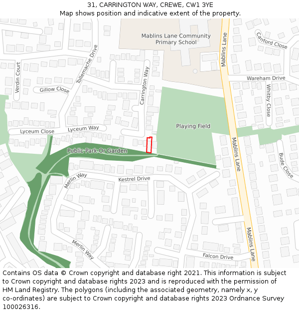 31, CARRINGTON WAY, CREWE, CW1 3YE: Location map and indicative extent of plot