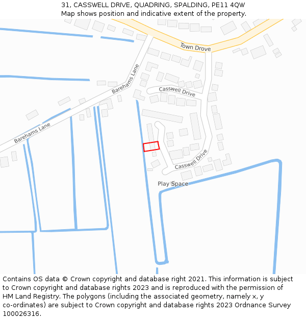 31, CASSWELL DRIVE, QUADRING, SPALDING, PE11 4QW: Location map and indicative extent of plot