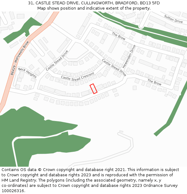 31, CASTLE STEAD DRIVE, CULLINGWORTH, BRADFORD, BD13 5FD: Location map and indicative extent of plot