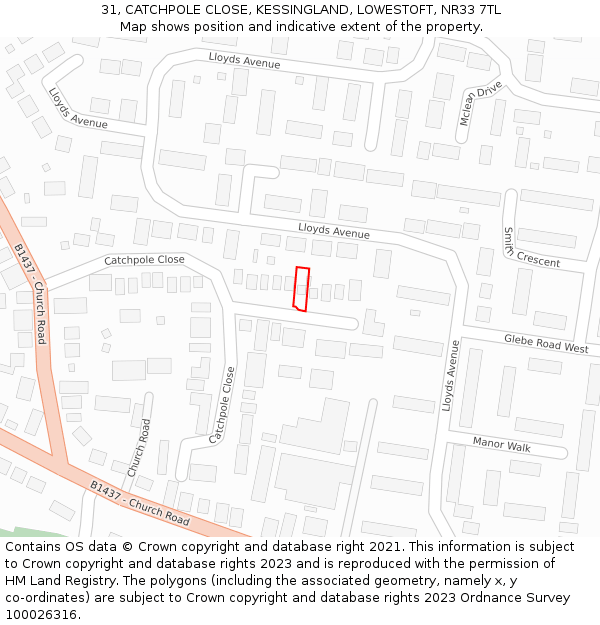 31, CATCHPOLE CLOSE, KESSINGLAND, LOWESTOFT, NR33 7TL: Location map and indicative extent of plot