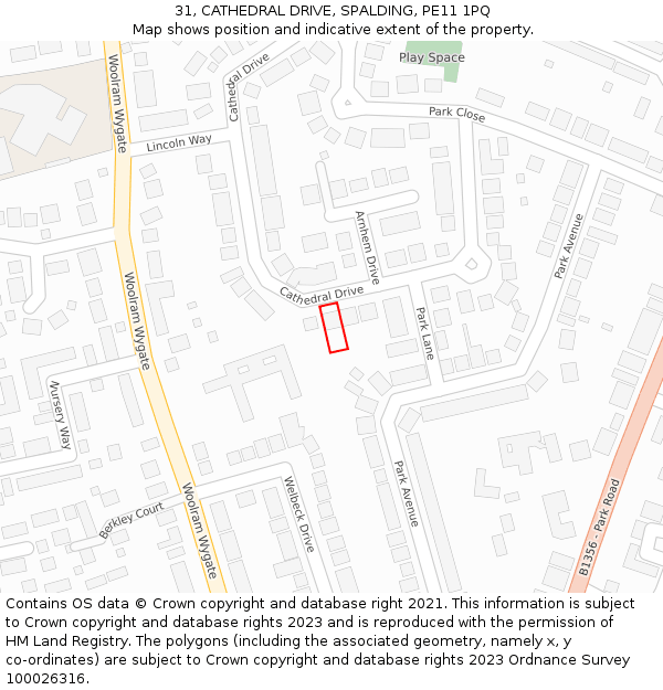 31, CATHEDRAL DRIVE, SPALDING, PE11 1PQ: Location map and indicative extent of plot