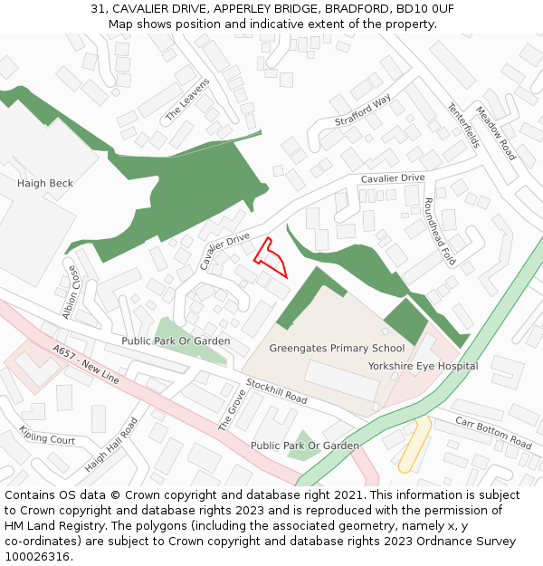 31, CAVALIER DRIVE, APPERLEY BRIDGE, BRADFORD, BD10 0UF: Location map and indicative extent of plot