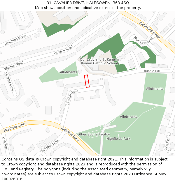 31, CAVALIER DRIVE, HALESOWEN, B63 4SQ: Location map and indicative extent of plot