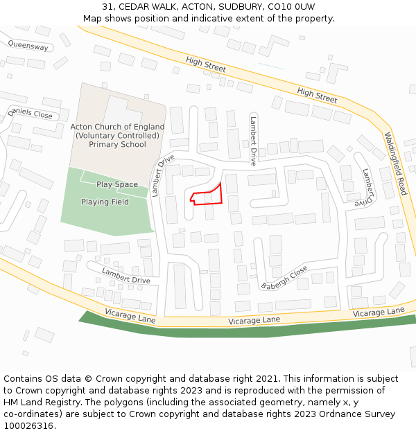 31, CEDAR WALK, ACTON, SUDBURY, CO10 0UW: Location map and indicative extent of plot