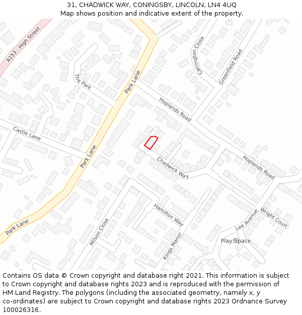 31, CHADWICK WAY, CONINGSBY, LINCOLN, LN4 4UQ: Location map and indicative extent of plot