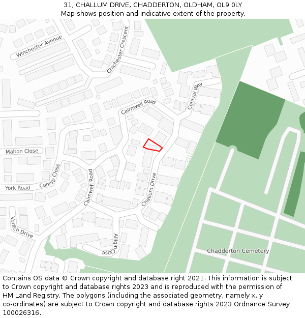31, CHALLUM DRIVE, CHADDERTON, OLDHAM, OL9 0LY: Location map and indicative extent of plot