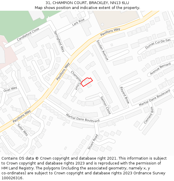 31, CHAMPION COURT, BRACKLEY, NN13 6LU: Location map and indicative extent of plot