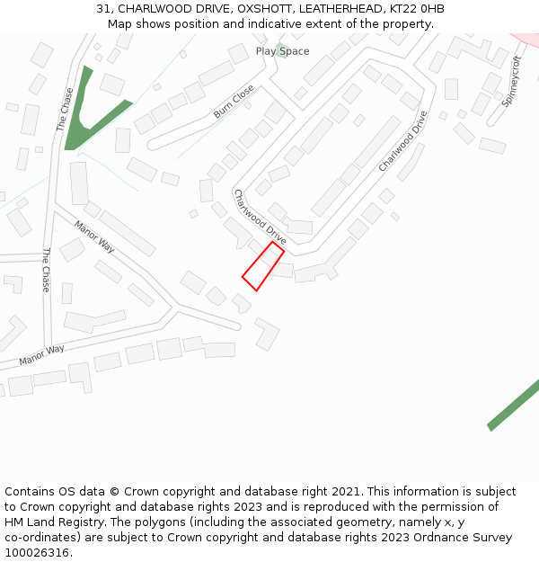 31, CHARLWOOD DRIVE, OXSHOTT, LEATHERHEAD, KT22 0HB: Location map and indicative extent of plot