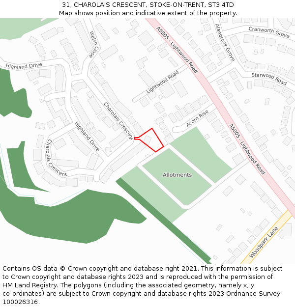 31, CHAROLAIS CRESCENT, STOKE-ON-TRENT, ST3 4TD: Location map and indicative extent of plot