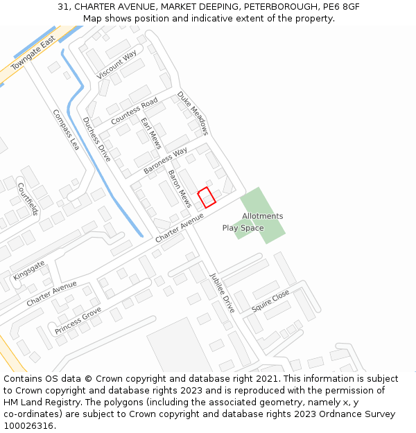 31, CHARTER AVENUE, MARKET DEEPING, PETERBOROUGH, PE6 8GF: Location map and indicative extent of plot