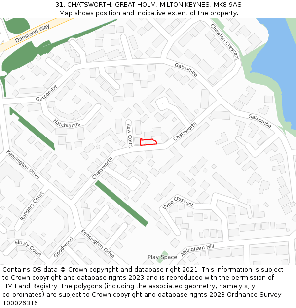 31, CHATSWORTH, GREAT HOLM, MILTON KEYNES, MK8 9AS: Location map and indicative extent of plot